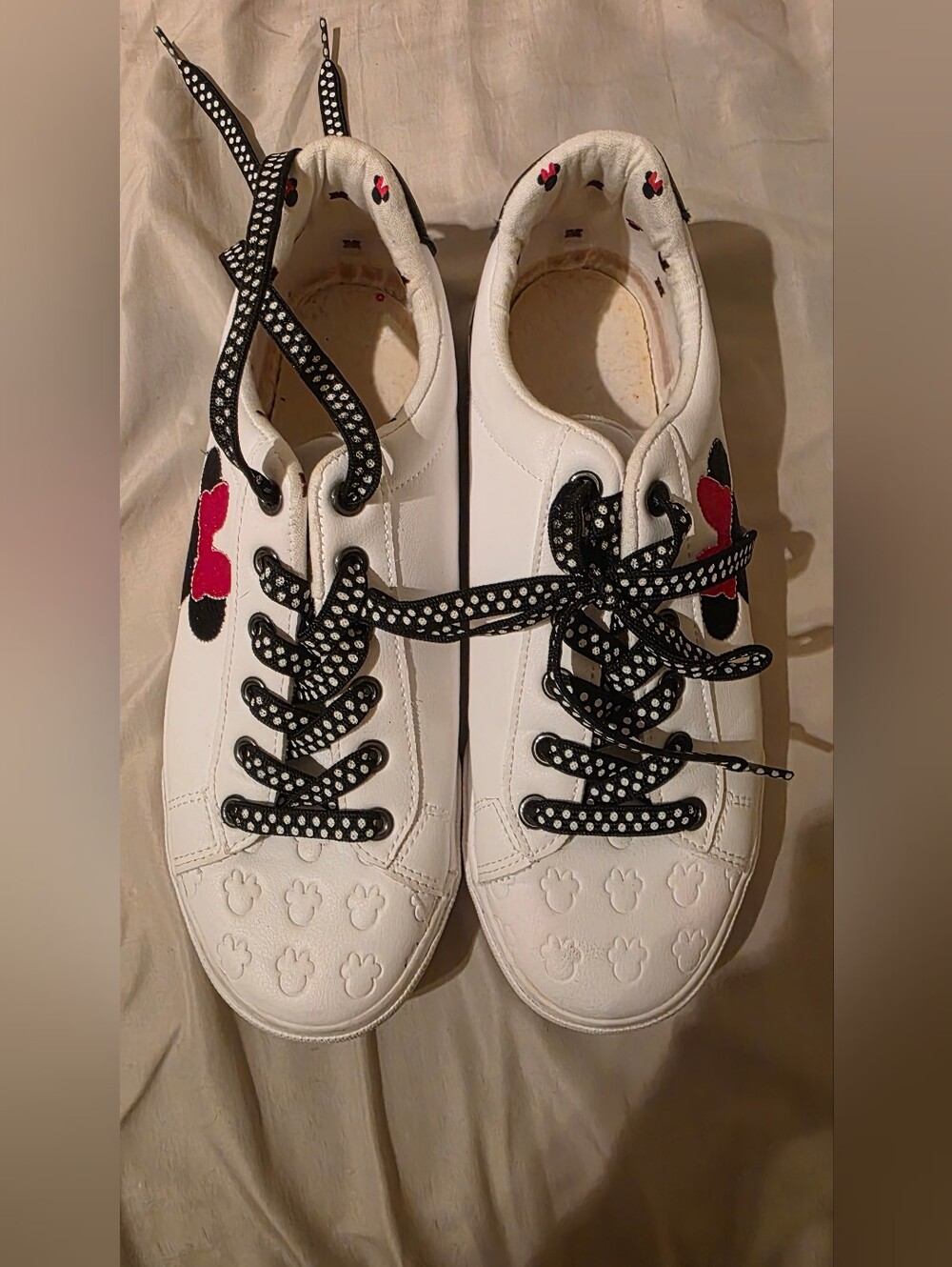 White Minnie Mouse Sneakers with Black Polka Dot Laces & Red Accent 7 1/2